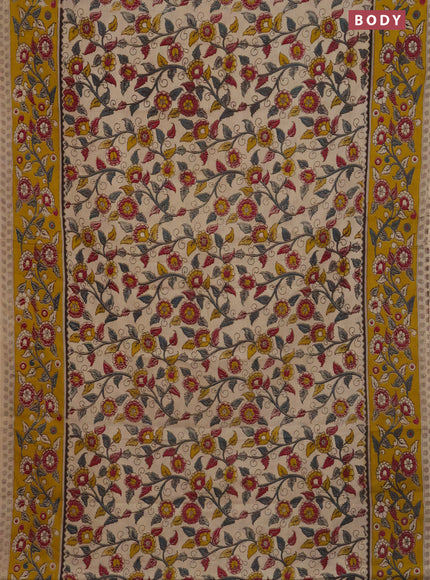 Kalamkari cotton saree beige and yellow with allover prints and printed border