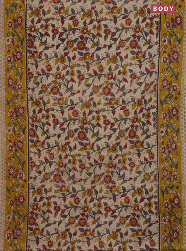 Kalamkari cotton saree beige and yellow with allover prints and printed border