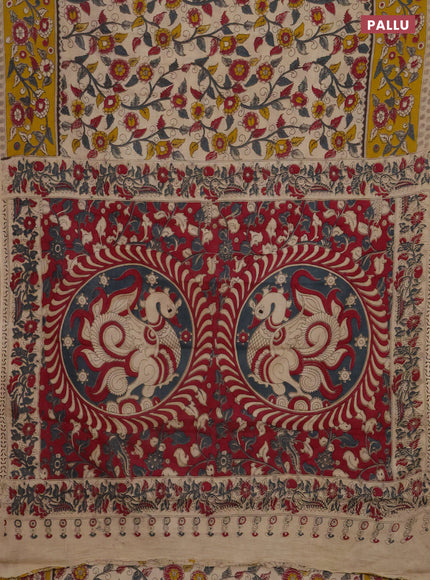Kalamkari cotton saree beige and yellow with allover prints and printed border