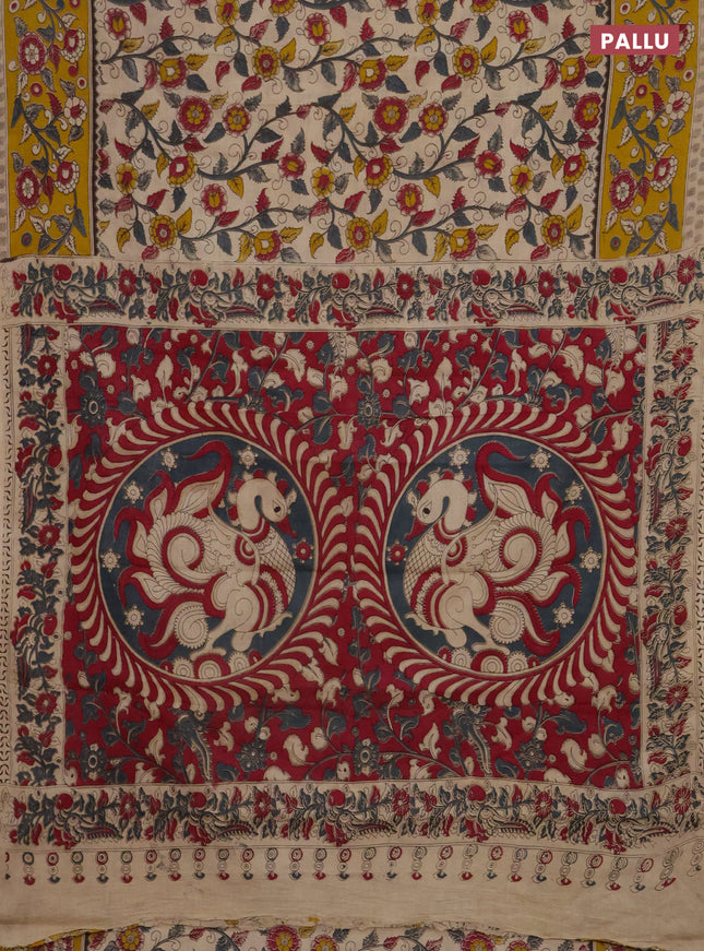 Kalamkari cotton saree beige and yellow with allover prints and printed border