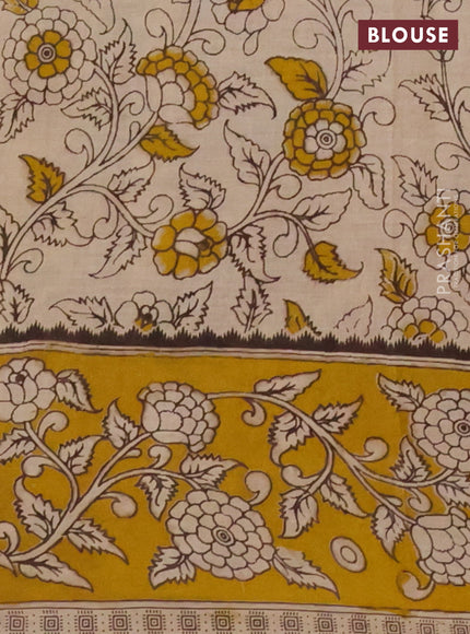 Kalamkari cotton saree beige and yellow with allover prints and printed border