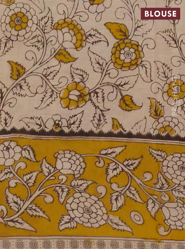 Kalamkari cotton saree beige and yellow with allover prints and printed border
