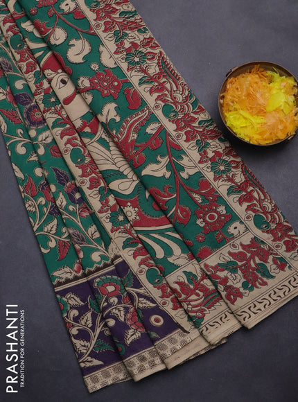 Kalamkari cotton saree green and deep violet with allover prints and printed border