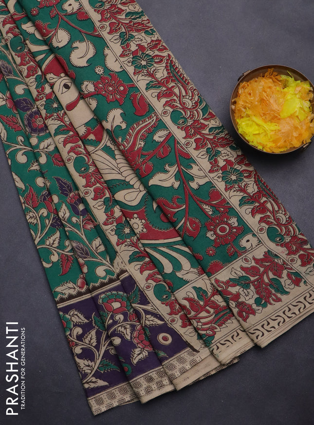 Kalamkari cotton saree green and deep violet with allover prints and printed border