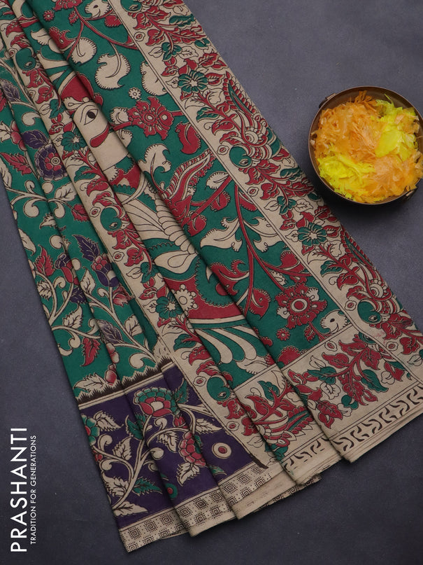 Kalamkari cotton saree green and deep violet with allover prints and printed border