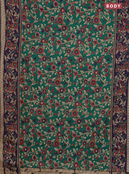 Kalamkari cotton saree green and deep violet with allover prints and printed border