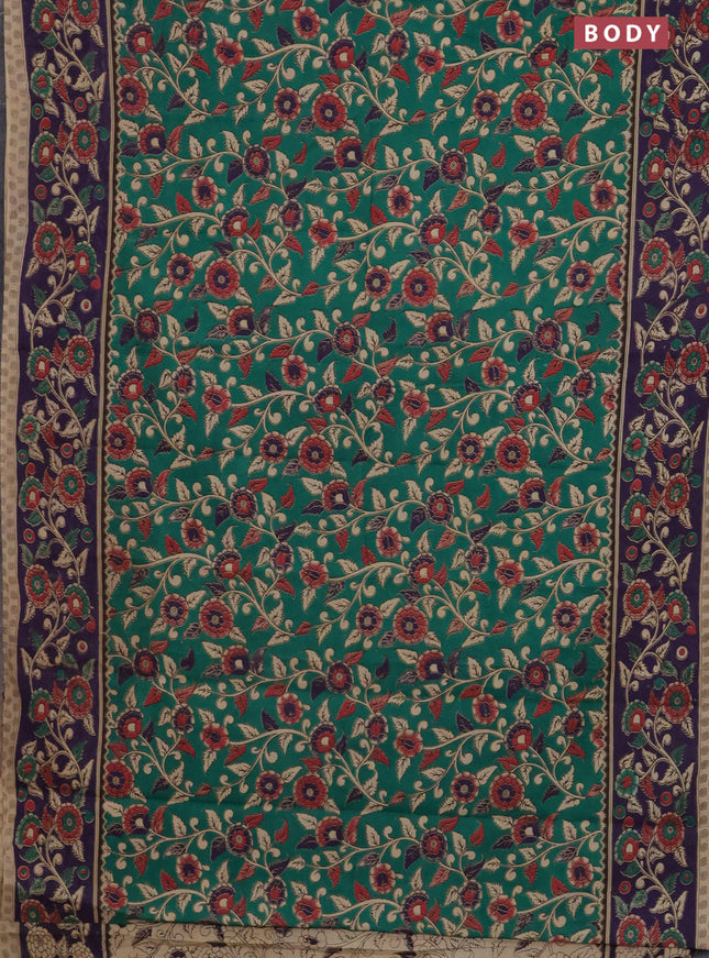 Kalamkari cotton saree green and deep violet with allover prints and printed border