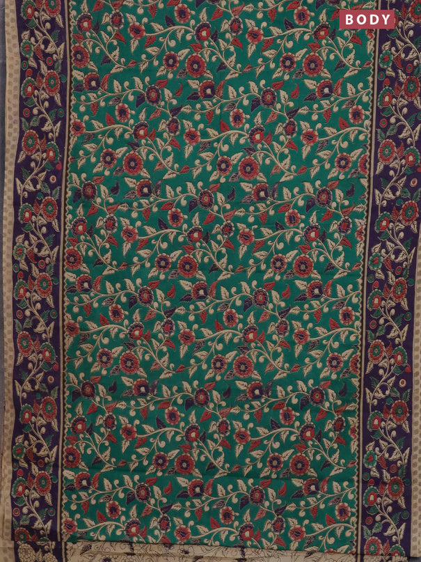 Kalamkari cotton saree green and deep violet with allover prints and printed border