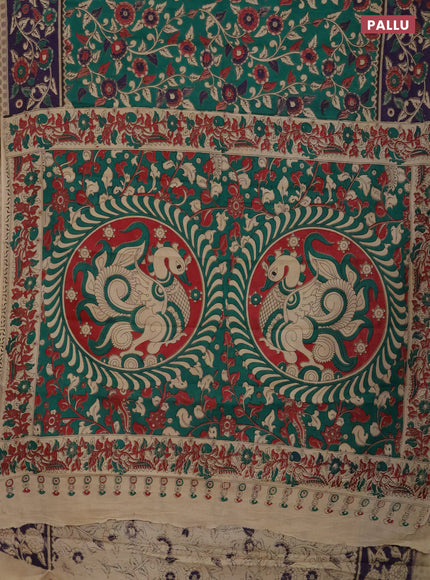 Kalamkari cotton saree green and deep violet with allover prints and printed border