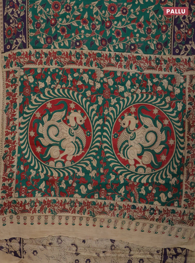 Kalamkari cotton saree green and deep violet with allover prints and printed border