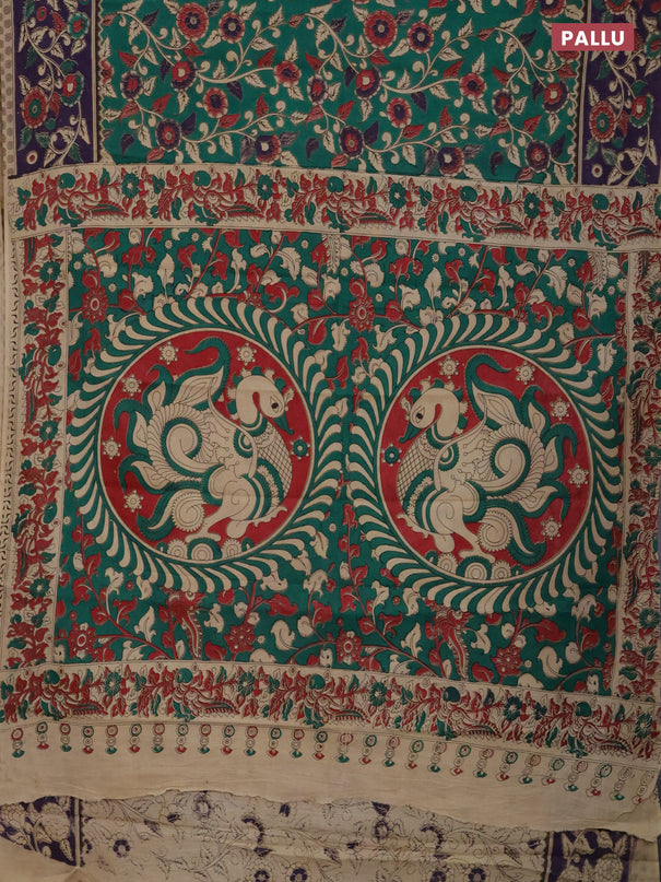 Kalamkari cotton saree green and deep violet with allover prints and printed border