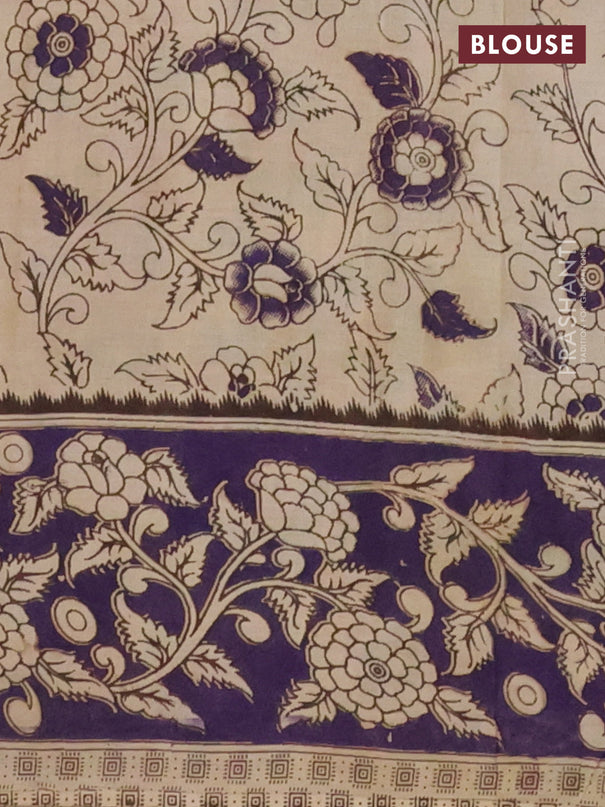 Kalamkari cotton saree green and deep violet with allover prints and printed border