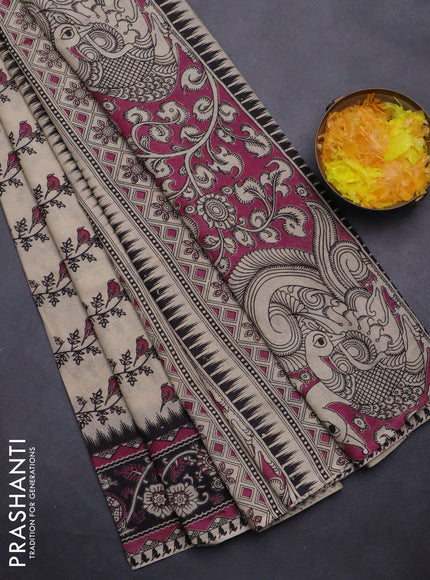 Kalamkari cotton saree beige magenta pink and black with allover butta prints and printed border