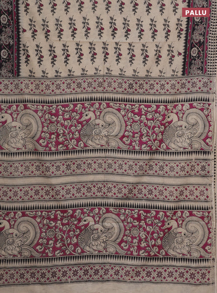 Kalamkari cotton saree beige magenta pink and black with allover butta prints and printed border