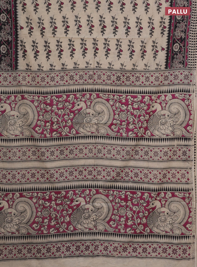 Kalamkari cotton saree beige magenta pink and black with allover butta prints and printed border