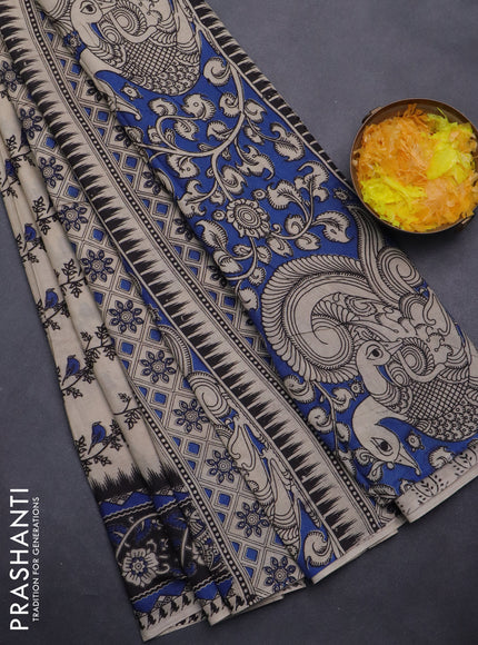 Kalamkari cotton saree beige blue and black with allover butta prints and printed border