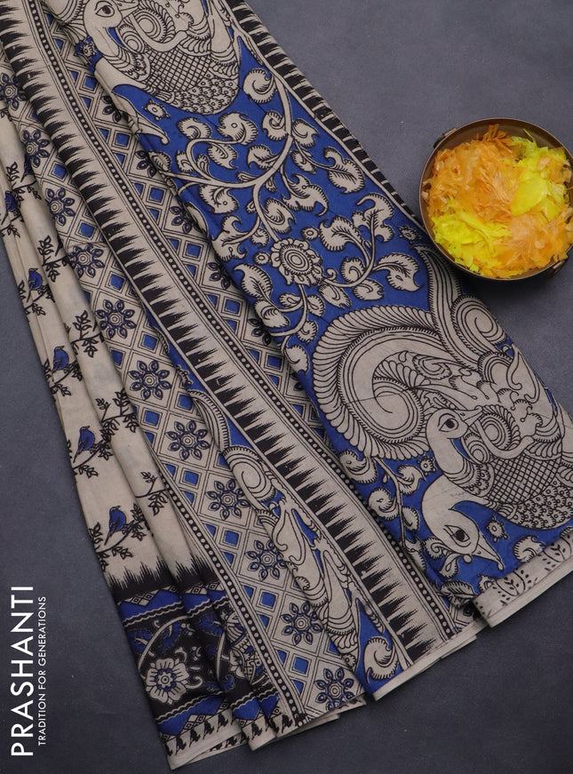 Kalamkari cotton saree beige blue and black with allover butta prints and printed border