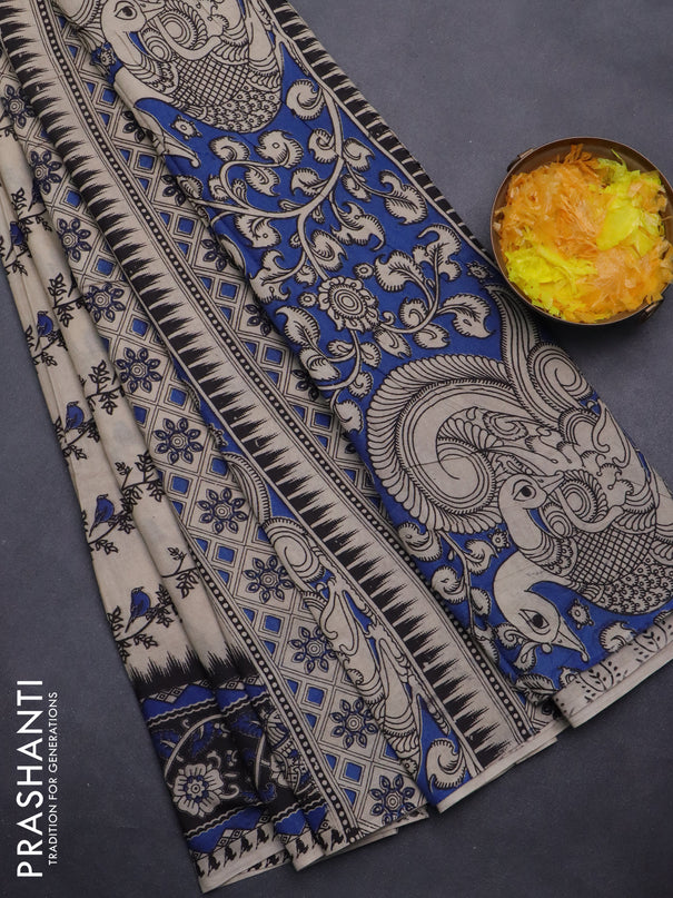 Kalamkari cotton saree beige blue and black with allover butta prints and printed border