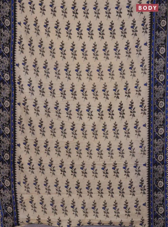Kalamkari cotton saree beige blue and black with allover butta prints and printed border