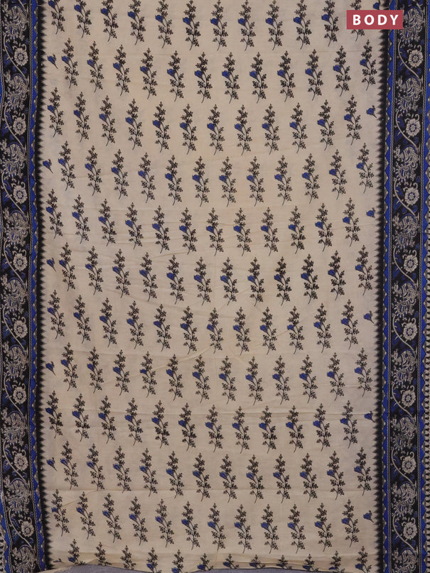 Kalamkari cotton saree beige blue and black with allover butta prints and printed border