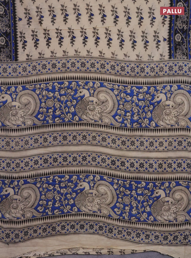Kalamkari cotton saree beige blue and black with allover butta prints and printed border