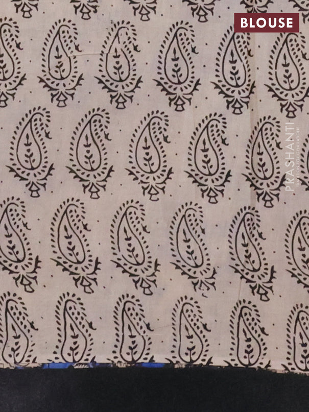 Kalamkari cotton saree beige blue and black with allover butta prints and printed border
