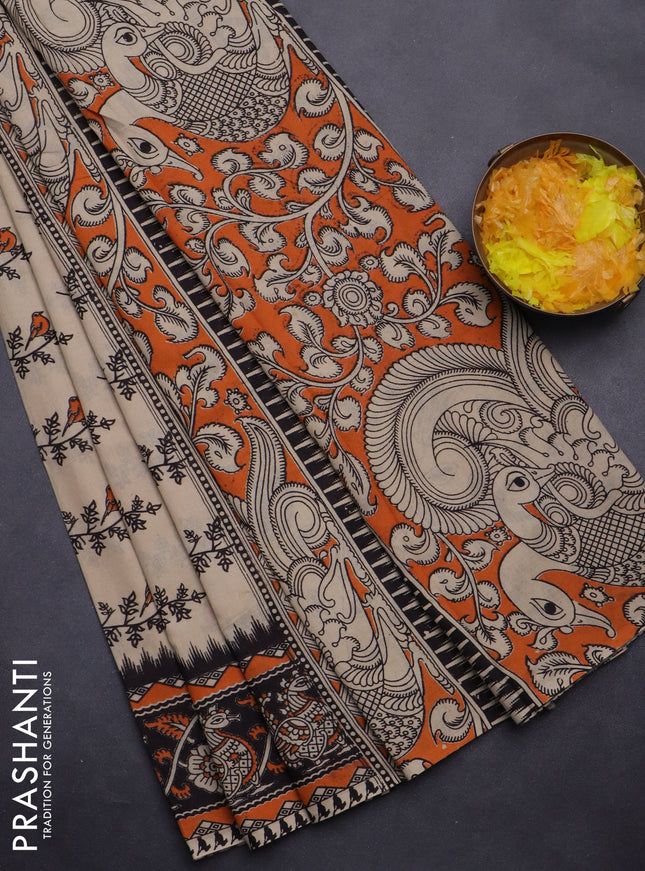 Kalamkari cotton saree beige orange and black with allover butta prints and printed border