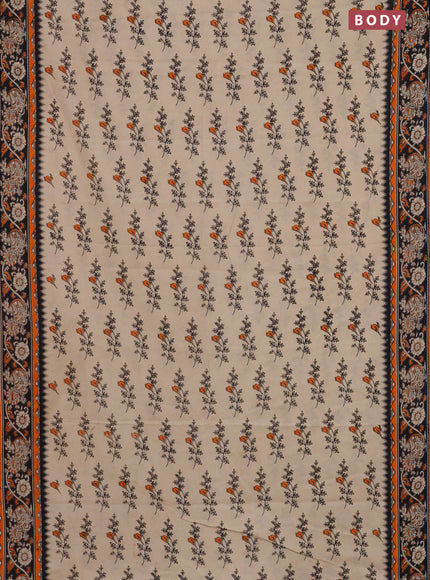 Kalamkari cotton saree beige orange and black with allover butta prints and printed border