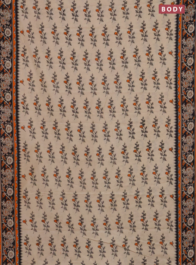 Kalamkari cotton saree beige orange and black with allover butta prints and printed border