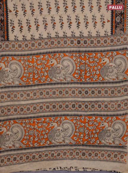 Kalamkari cotton saree beige orange and black with allover butta prints and printed border