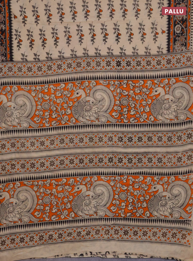 Kalamkari cotton saree beige orange and black with allover butta prints and printed border