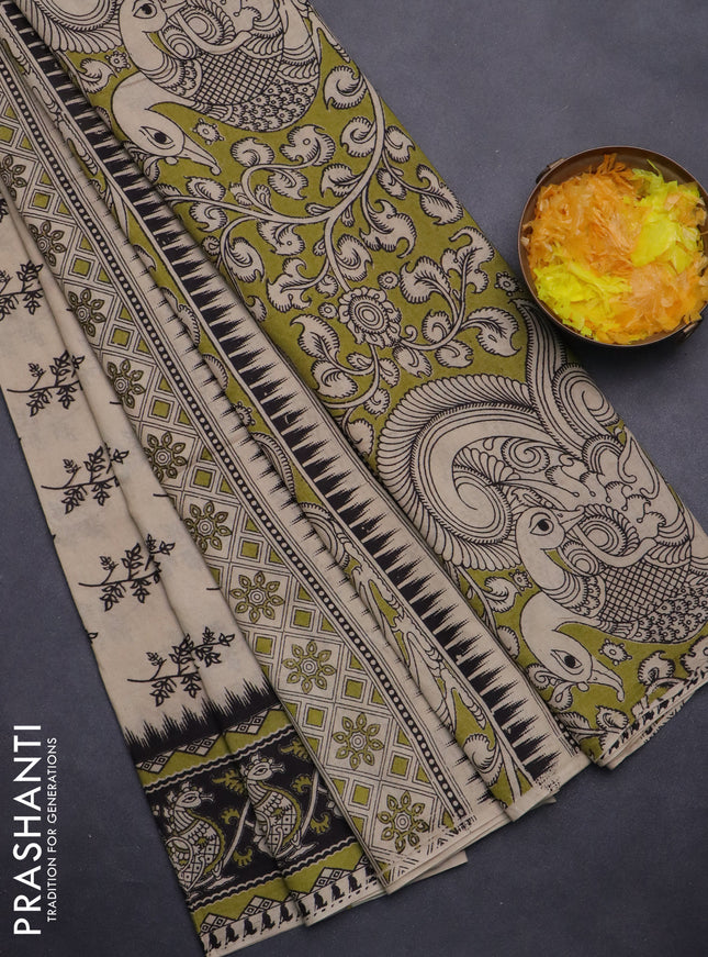 Kalamkari cotton saree beige light green and black with allover butta prints and printed border