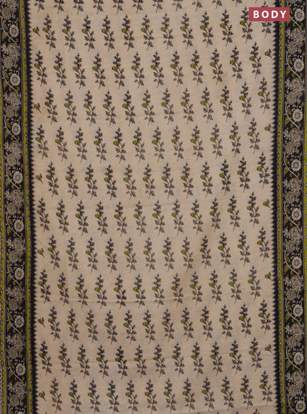 Kalamkari cotton saree beige light green and black with allover butta prints and printed border