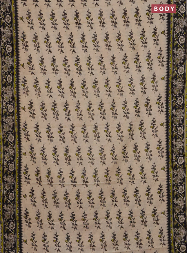 Kalamkari cotton saree beige light green and black with allover butta prints and printed border