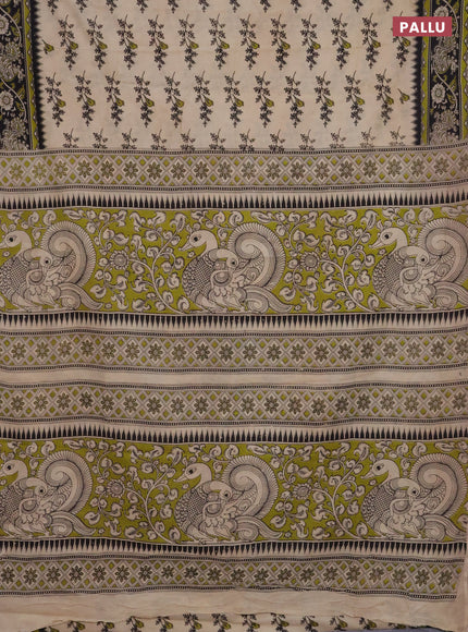Kalamkari cotton saree beige light green and black with allover butta prints and printed border