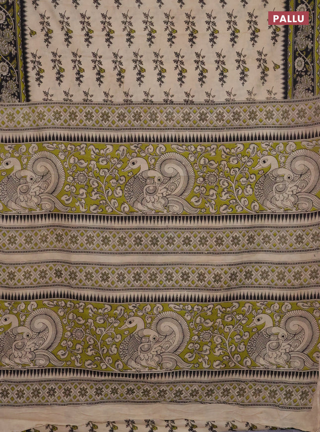 Kalamkari cotton saree beige light green and black with allover butta prints and printed border
