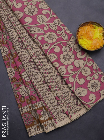 Kalamkari cotton saree pink and dark mustard with allover prints and printed border