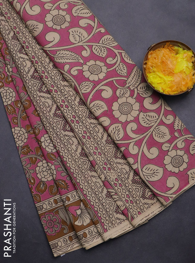 Kalamkari cotton saree pink and dark mustard with allover prints and printed border