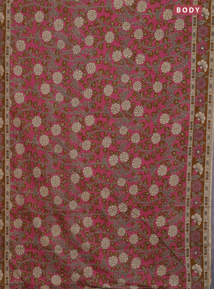 Kalamkari cotton saree pink and dark mustard with allover prints and printed border