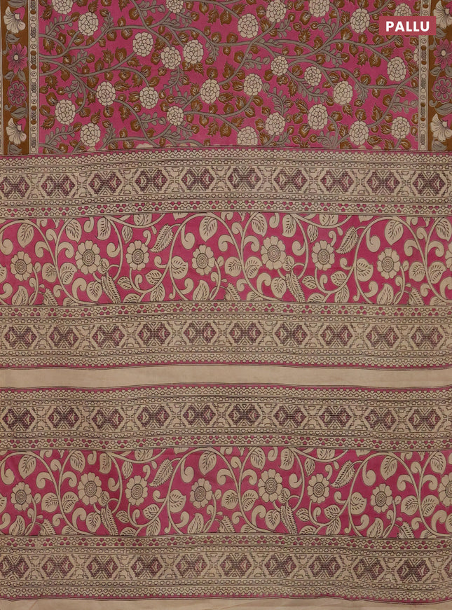 Kalamkari cotton saree pink and dark mustard with allover prints and printed border