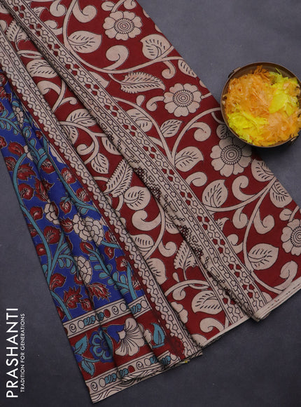 Kalamkari cotton saree blue and maroon with allover prints and printed border