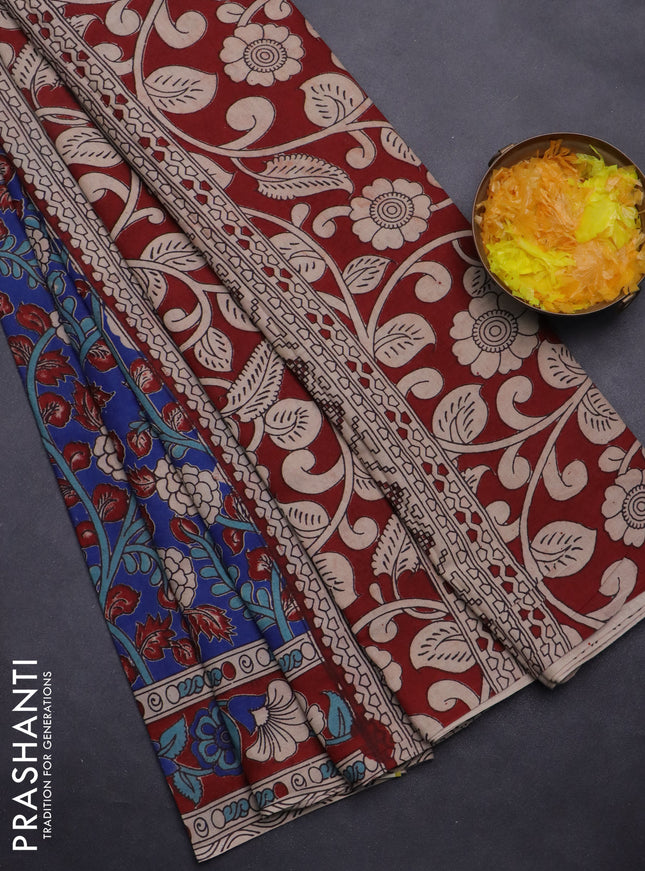 Kalamkari cotton saree blue and maroon with allover prints and printed border