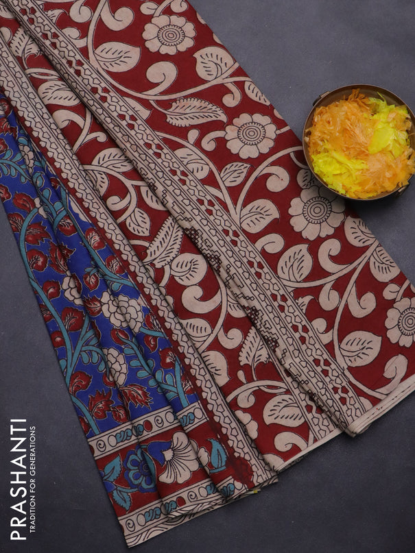 Kalamkari cotton saree blue and maroon with allover prints and printed border