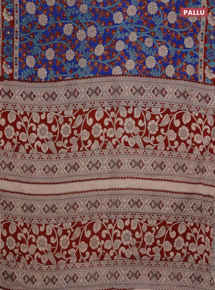Kalamkari cotton saree blue and maroon with allover prints and printed border
