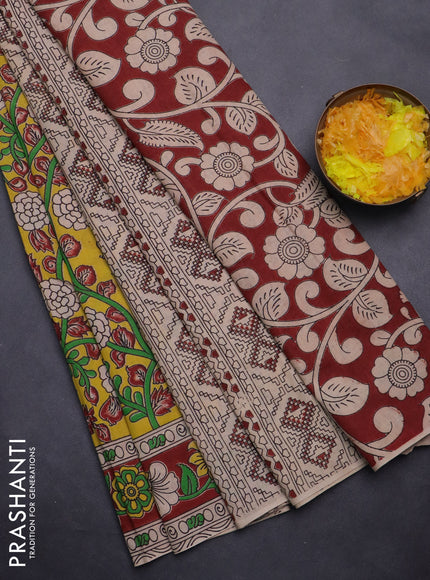 Kalamkari cotton saree yellow and maroon with allover prints and printed border