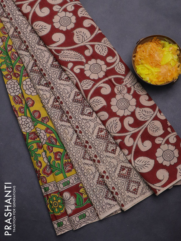 Kalamkari cotton saree yellow and maroon with allover prints and printed border