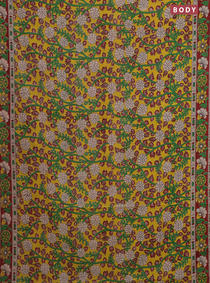 Kalamkari cotton saree yellow and maroon with allover prints and printed border