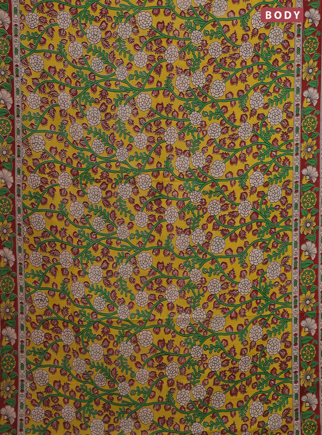 Kalamkari cotton saree yellow and maroon with allover prints and printed border