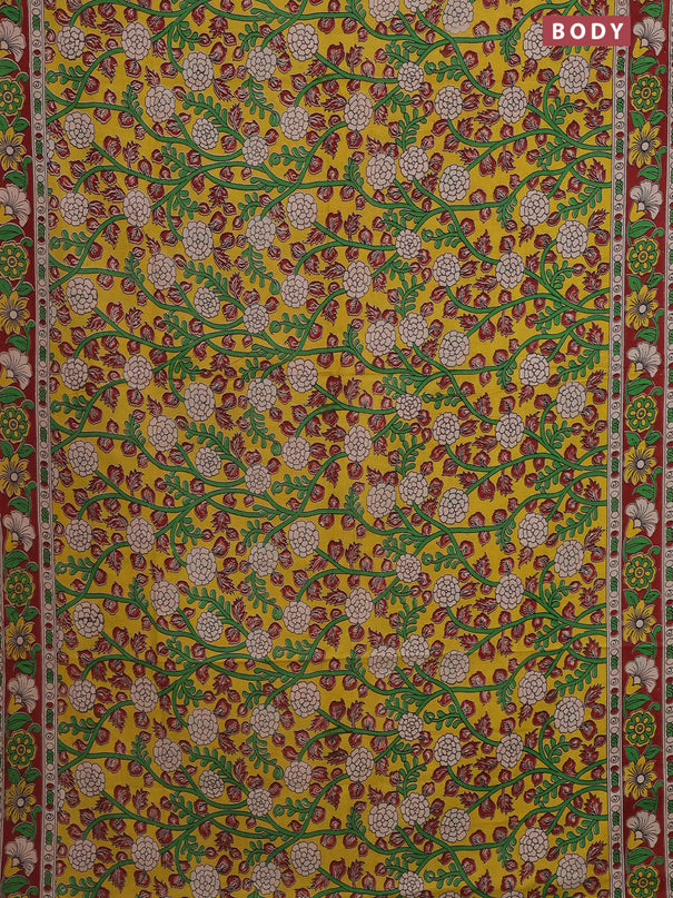Kalamkari cotton saree yellow and maroon with allover prints and printed border