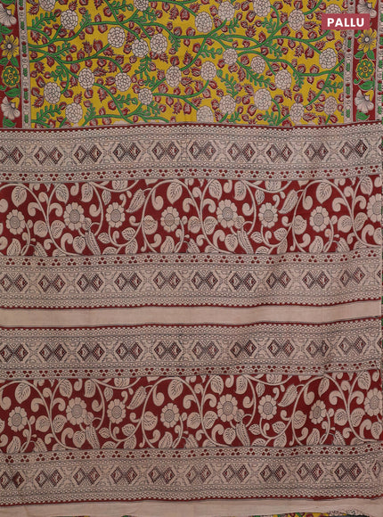 Kalamkari cotton saree yellow and maroon with allover prints and printed border